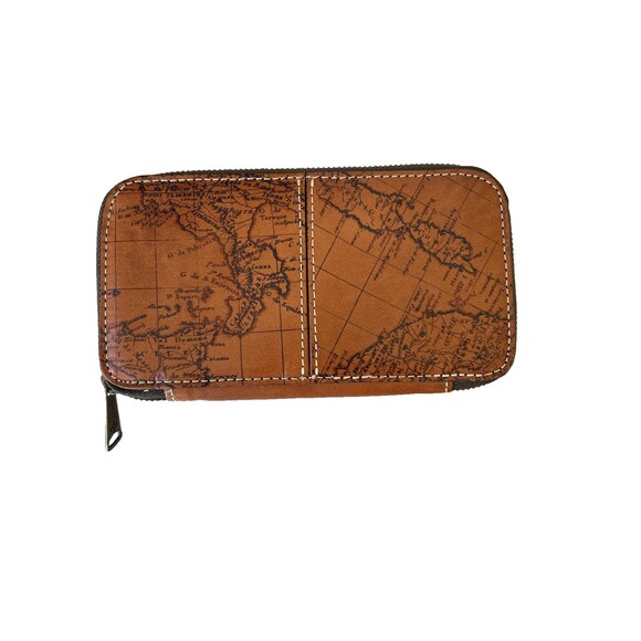 Patricia Nash Map Print Zip Around Leather Wallet Travel Organizer Brown NEW